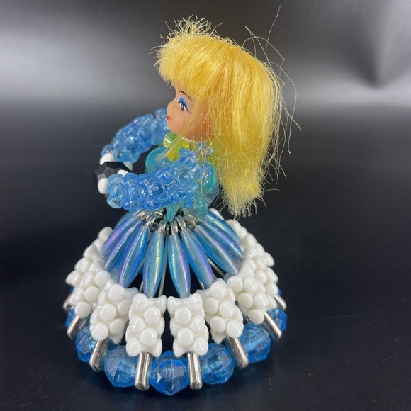 Vintage Tramp Art Doll Head Beaded Safety Pin Girls Blue Red Dress Display - Picture 14 of 16